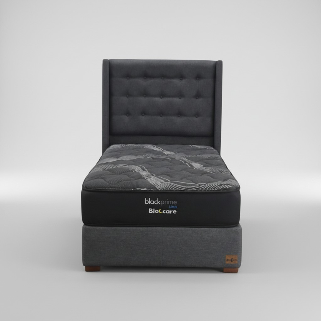 Cama 1 Plaza Box 30 cm + Colchon Black Prime - Modelo Uno + Respaldo / Con Patas De Madera (Gris) 2