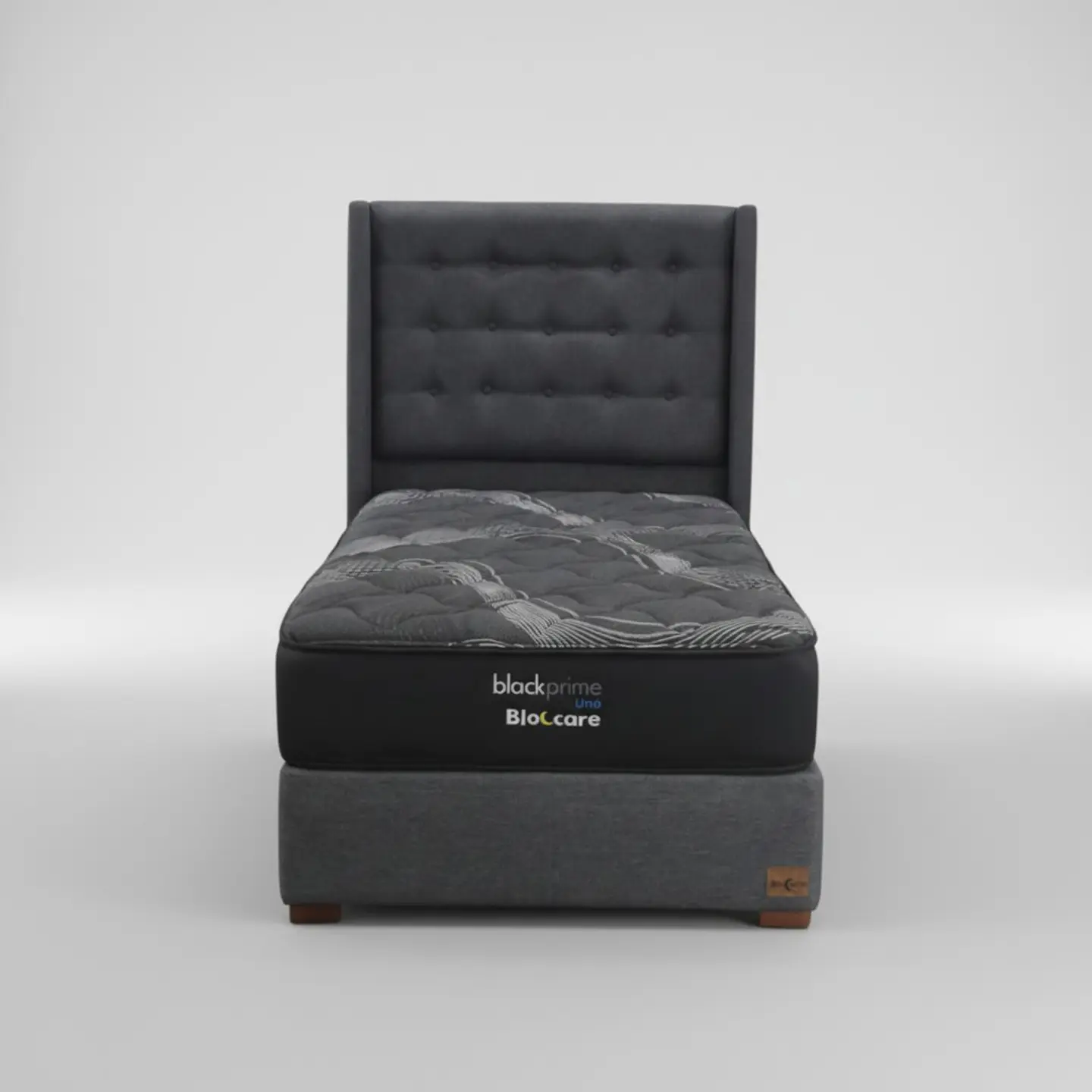 Cama 1 Plaza Box 30 cm + Colchon Black Prime - Modelo Uno + Respaldo / Con Patas De Madera (Gris) 2