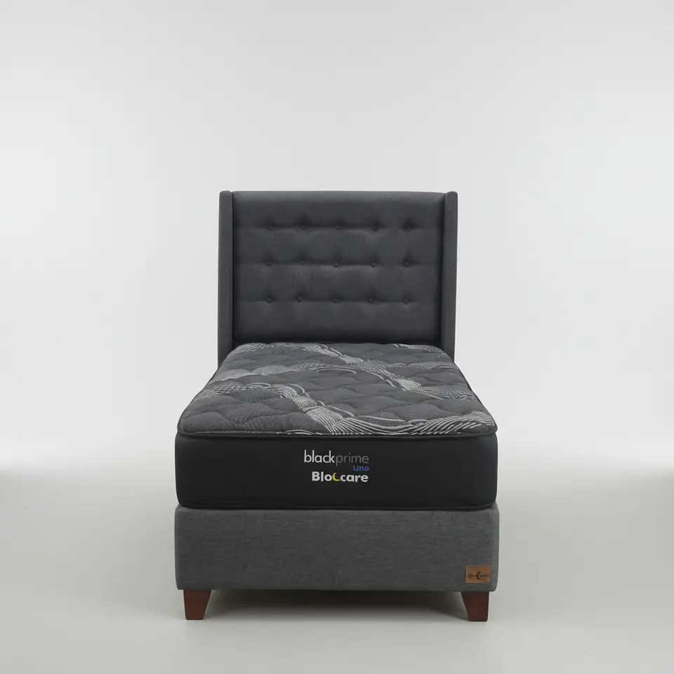 Cama 1.5 Plaza Box 30 cm + Colchon Black Prime - Modelo Uno + Respaldo / Con Patas De Madera (Gris) 4