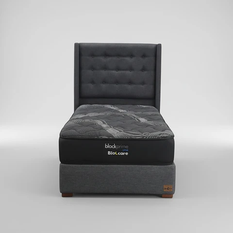 Cama 1.5 Plaza Box 30 cm + Colchon Black Prime - Modelo Uno + Respaldo / Con Patas De Madera (Gris)