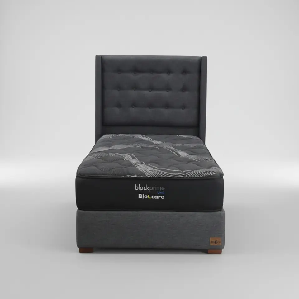 Cama 1.5 Plaza Box 30 cm + Colchon Black Prime - Modelo Uno + Respaldo / Con Patas De Madera (Gris) 2