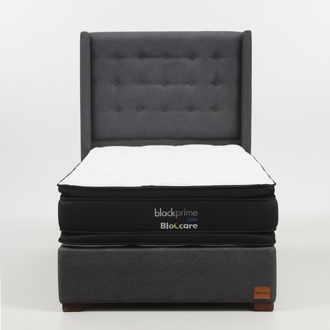 Cama 1.5 Plaza Box 30 cm + Colchon Black Prime - Modelo Dos + Respaldo / Con Patas De Madera (Gris) 2
