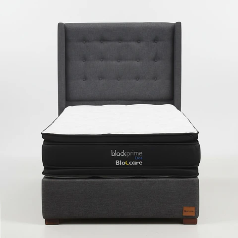 Cama 1.5 Plaza Box 30 cm + Colchon Black Prime - Modelo Dos + Respaldo / Con Patas De Madera (Gris)