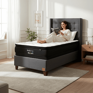 Cama 1.5 Plaza Box 30 cm + Colchon Black Prime - Modelo Dos + Respaldo / Con Patas De Madera (Gris)