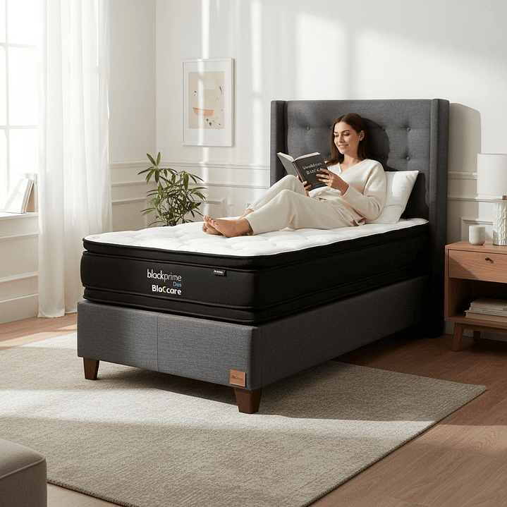 Cama 1.5 Plaza Box 30 cm + Colchon Black Prime - Modelo Dos + Respaldo / Con Patas De Madera (Gris) 1