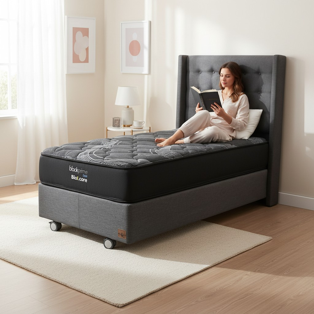 Cama 1.5 Plaza Box 30 cm + Colchon Black Prime - Modelo Uno+ Respaldo / Con Ruedas A Eleccion (Gris) 1