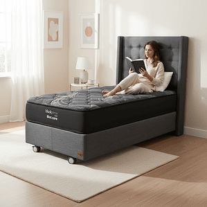 Cama 1.5 Plaza Box 30 cm + Colchon Black Prime - Modelo Uno+ Respaldo / Con Ruedas A Eleccion (Gris)