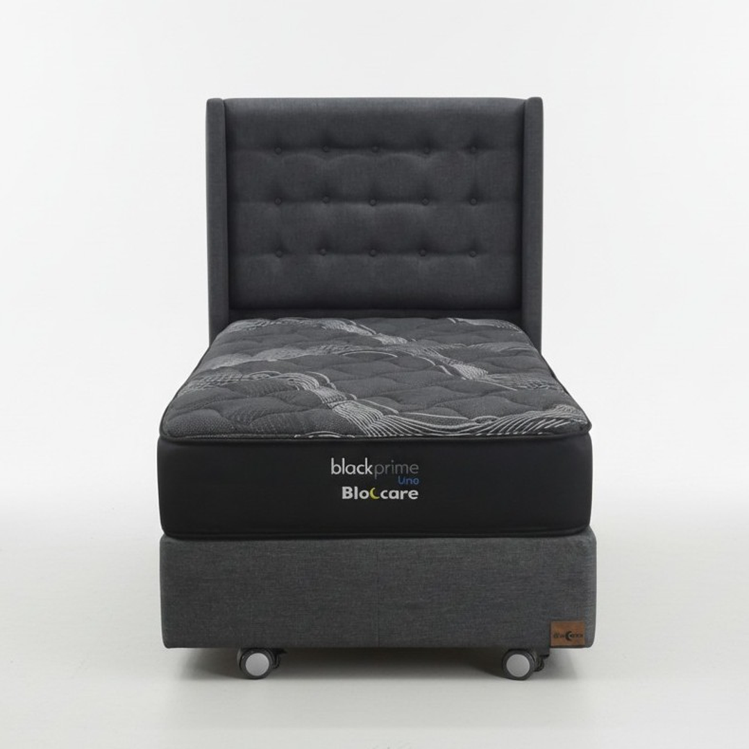 Cama 1.5 Plaza Box 30 cm + Colchon Black Prime - Modelo Uno+ Respaldo / Con Ruedas A Eleccion (Gris) 3