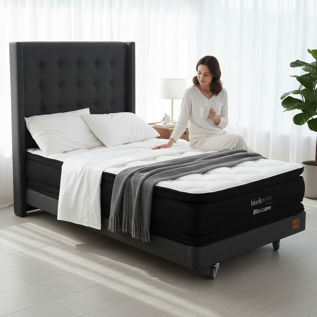 Cama 1.5 Plaza Box 30 cm + Colchon Black Prime - Modelo Dos + Respaldo / Con Ruedas A Eleccion (Gris) 1