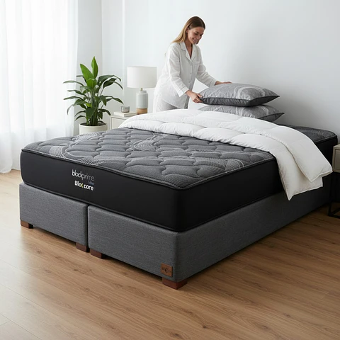Cama 2 Plazas Box 30 cm + Colchon Black Prime - Modelo Uno / Con Patas De Madera (Gris)