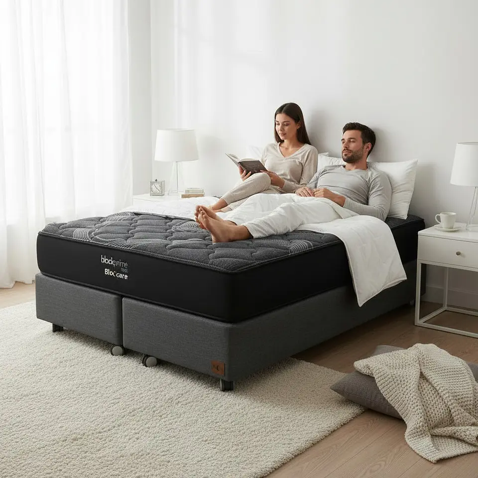 Cama 2 Plazas Box 30 cm + Colchon Black Prime - Modelo Uno- Ruedas A Eleccion (Gris) 1