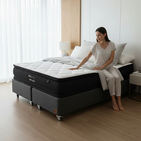 Cama 2 Plazas Box 30 cm + Colchon Black Prime - Modelo Dos - Ruedas A Eleccion (Gris)