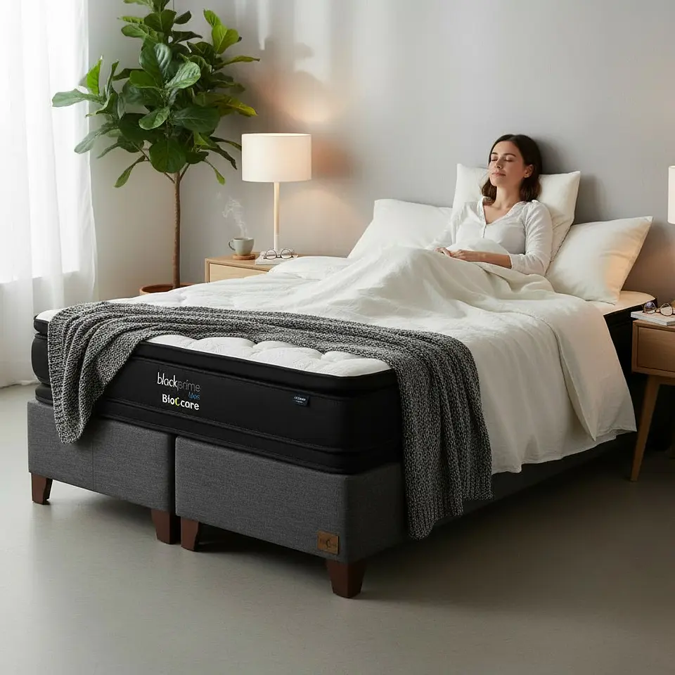 Cama Super King Box 30 cm + Colchon Black Prime - Modelo Dos - Patas De Madera (Gris) 1