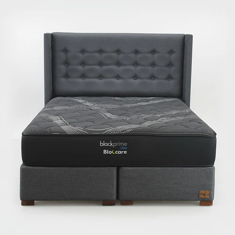 Cama 2 Plazas Box 30 cm + Colchon Black Prime - Modelo Uno + Respaldo / Con Patas De Madera (Gris)