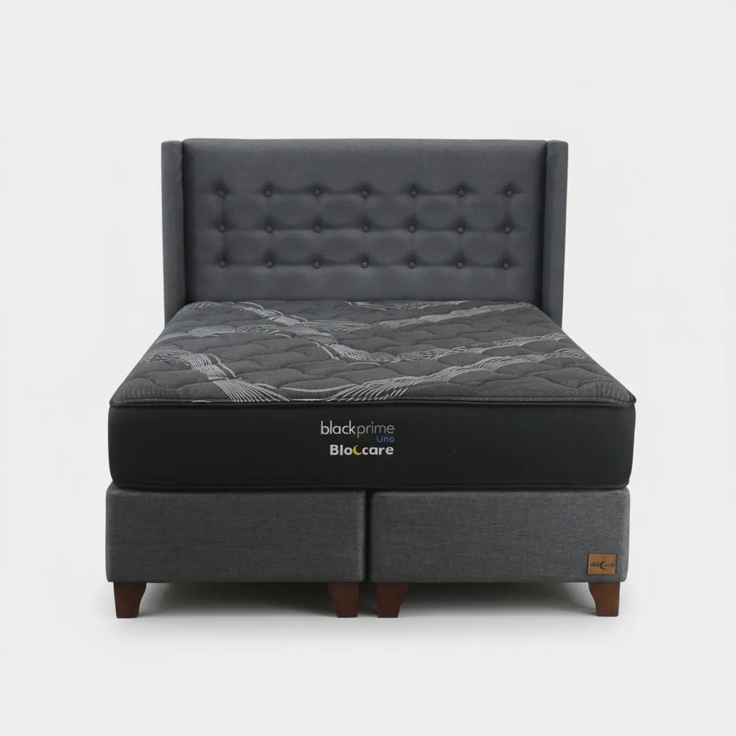 Cama King Box 30 cm + Colchon Black Prime - Modelo Uno + Respaldo / Con Patas De Madera (Gris) 4