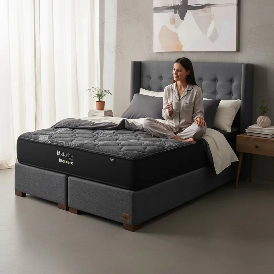 Cama King Box 30 cm + Colchon Black Prime - Modelo Uno + Respaldo / Con Patas De Madera (Gris) 1