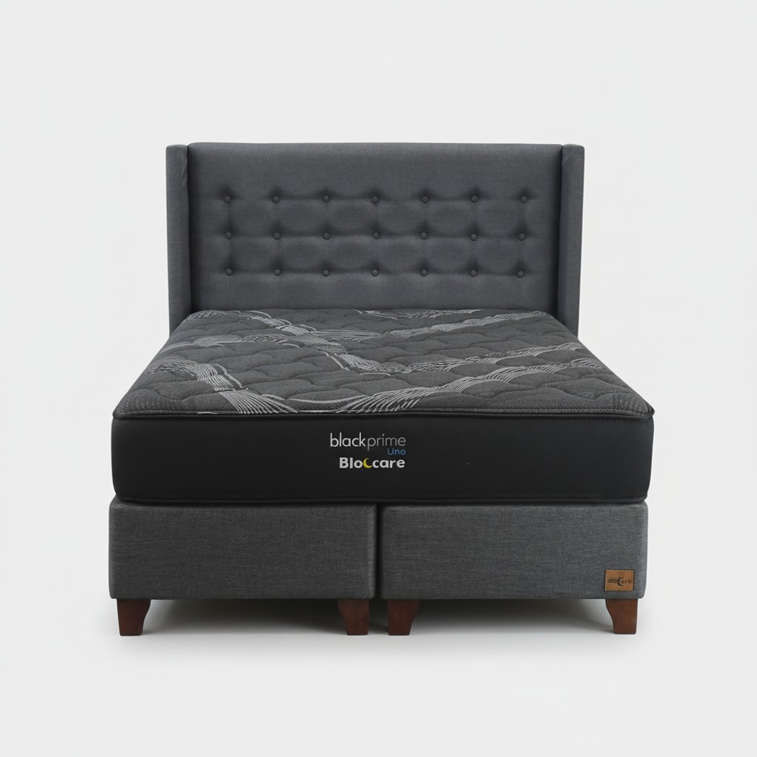 Cama Super King Box 30 cm + Colchon Black Prime - Modelo Uno + Respaldo / Con Patas De Madera (Gris) 4
