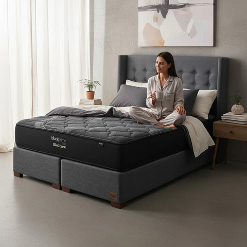 Cama Super King Box 30 cm + Colchon Black Prime - Modelo Uno + Respaldo / Con Patas De Madera (Gris)