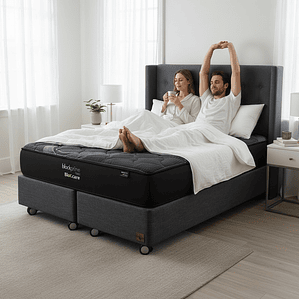 Cama 2 Plazas Box 30 cm + Colchon Black Prime - Modelo Uno+ Respaldo / Con Ruedas A Eleccion (Gris)