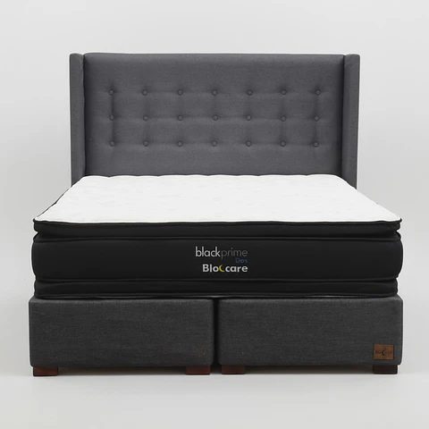 Cama 2 Plazas Box 30 cm + Colchon Black Prime - Modelo Dos + Respaldo / Con Patas De Madera (Gris)