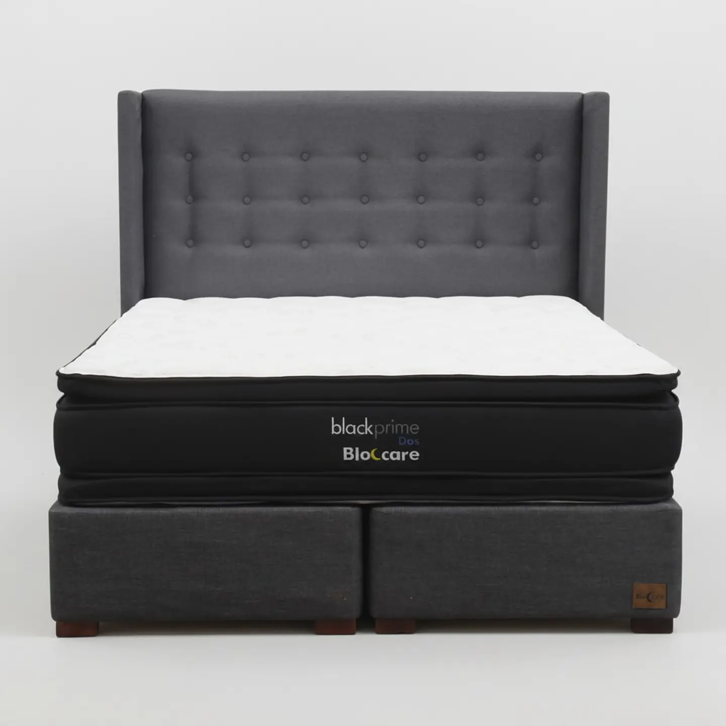 Cama 2 Plazas Box 30 cm + Colchon Black Prime - Modelo Dos + Respaldo / Con Patas De Madera (Gris) 2