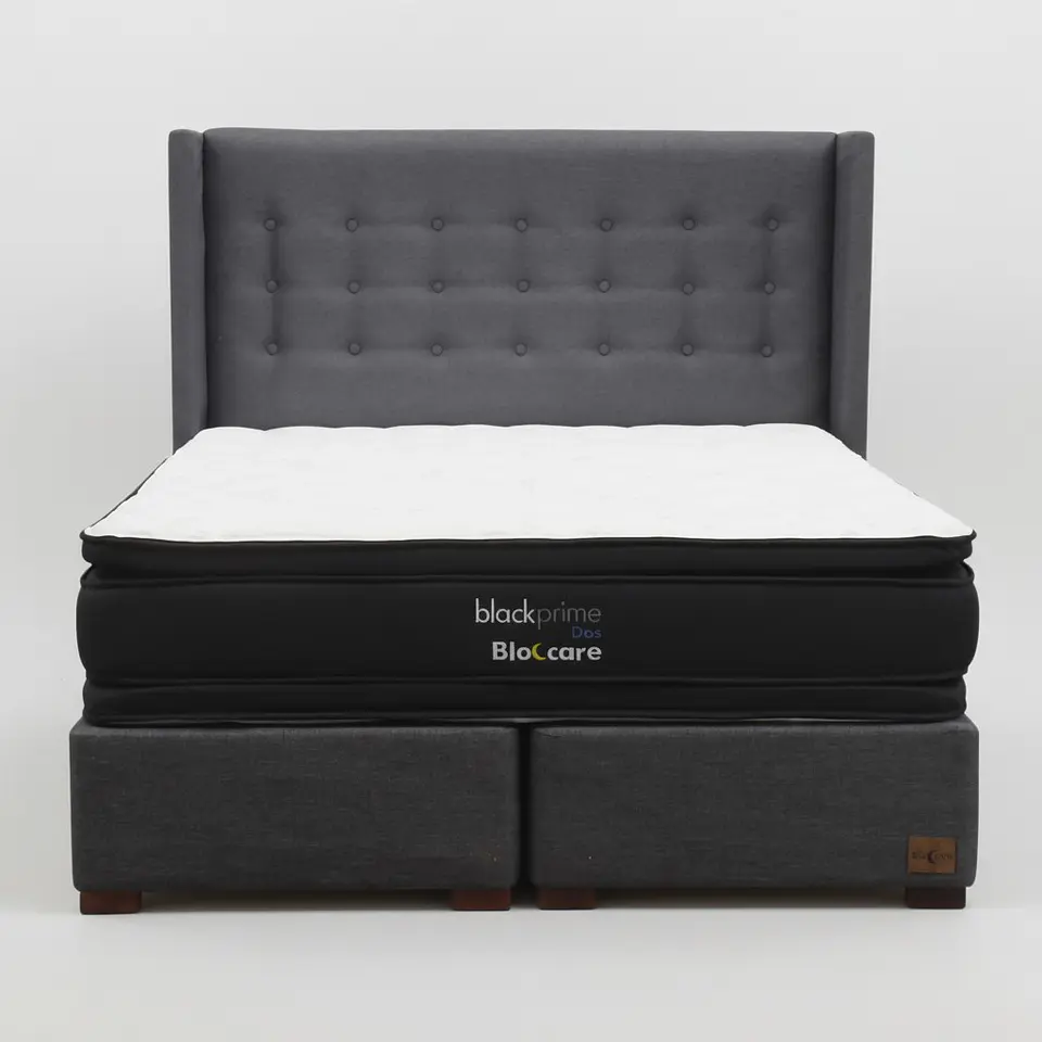 Cama 2 Plazas Box 30 cm + Colchon Black Prime - Modelo Dos + Respaldo / Con Patas De Madera (Gris) 2