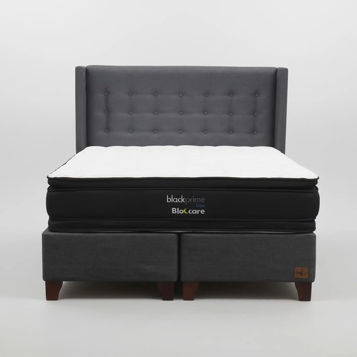 Cama 2 Plazas Box 30 cm + Colchon Black Prime - Modelo Dos + Respaldo / Con Patas De Madera (Gris) 4