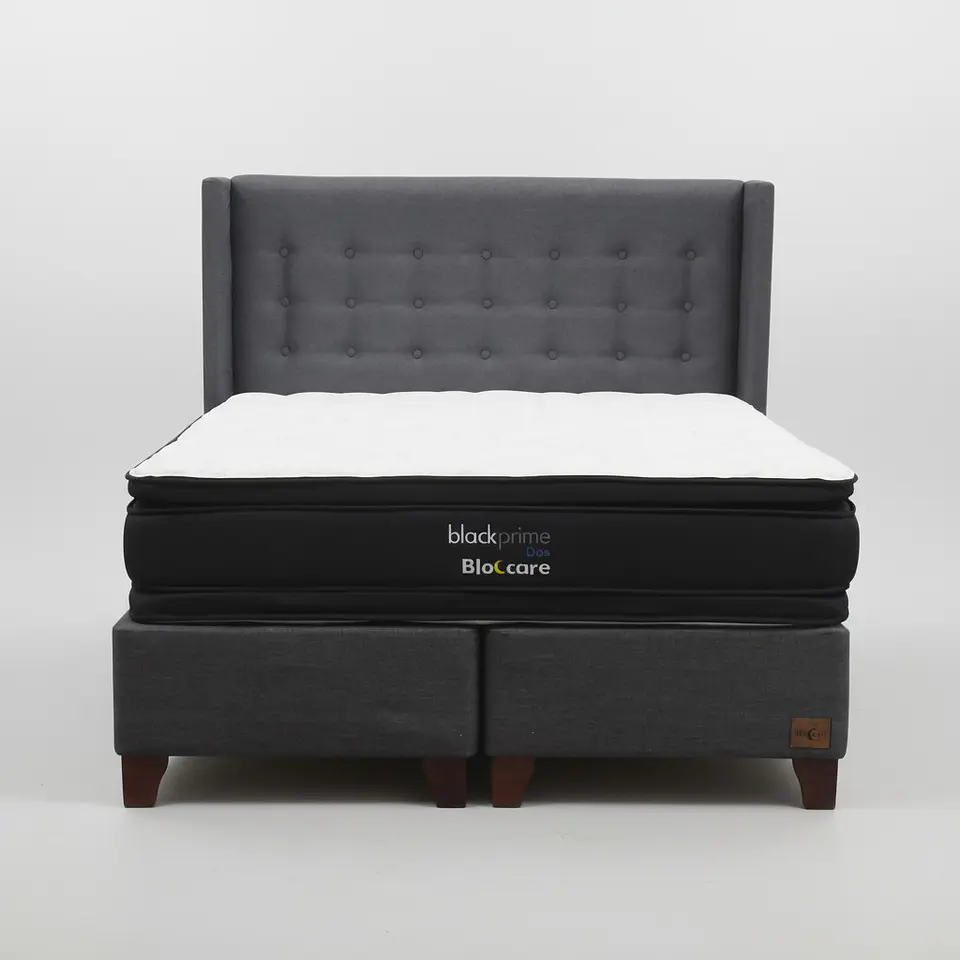 Cama 2 Plazas Box 30 cm + Colchon Black Prime - Modelo Dos + Respaldo / Con Patas De Madera (Gris) 4