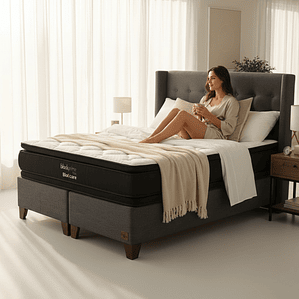 Cama Super King Box 30 cm + Colchon Black Prime - Modelo Dos + Respaldo / Con Patas De Madera (Gris)