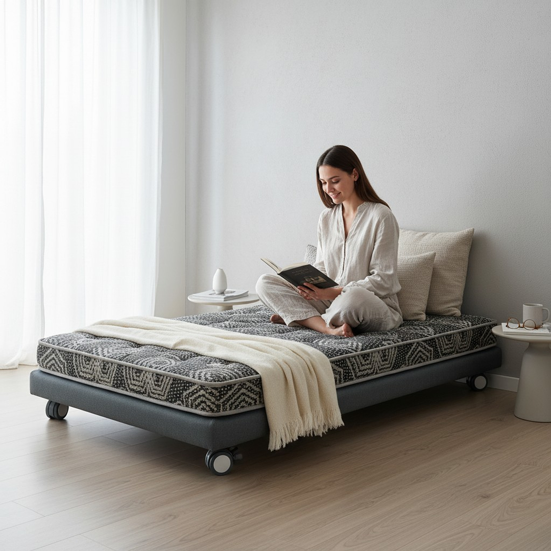 Cama 1 Plaza Box 8 cm + Colchon Modelo Ideal - Ruedas A Eleccion (Gris) 1