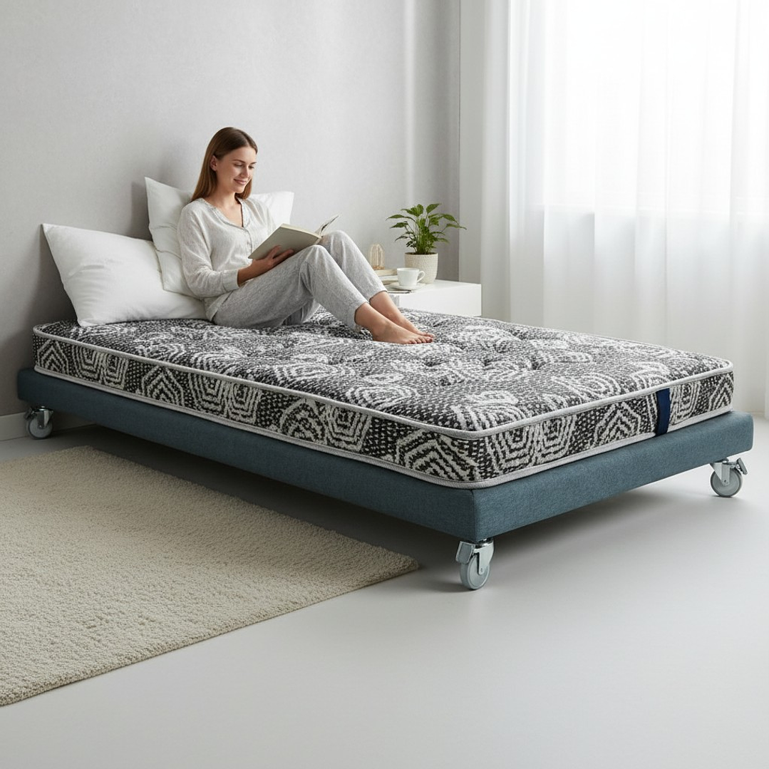 Cama 1 Plaza Box 8 cm + Colchon Modelo Ideal - Ruedas A Eleccion (Gris) 4