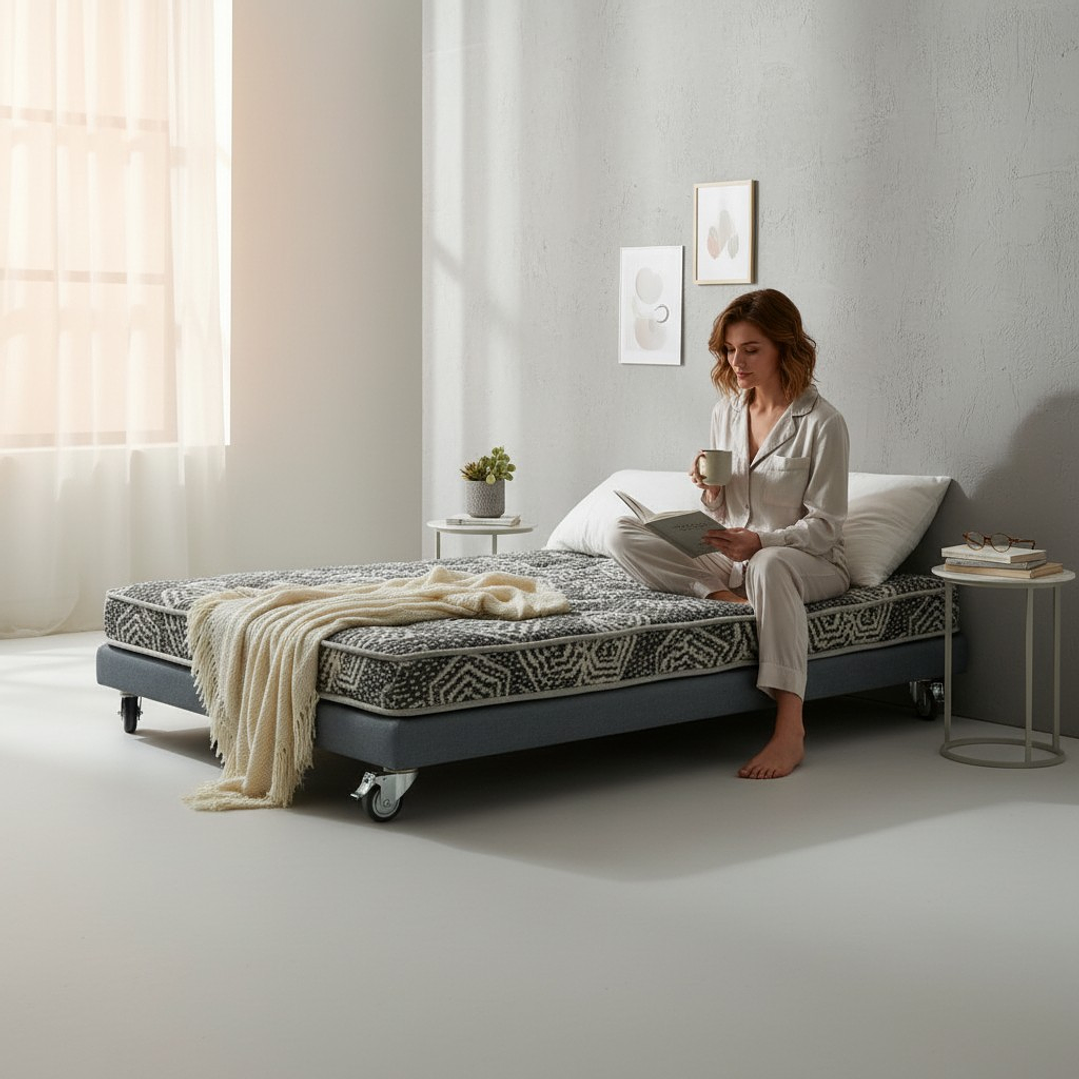 Cama 1 Plaza Box 8 cm + Colchon Modelo Ideal - Ruedas A Eleccion (Gris) 7