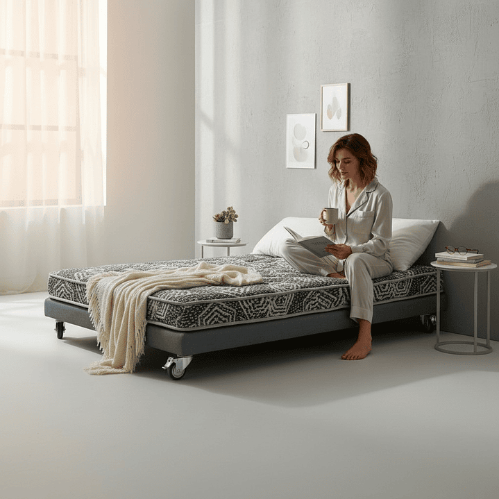 Cama 1 Plaza Box 8 cm + Colchon Modelo Ideal - Ruedas A Eleccion (Gris) 7