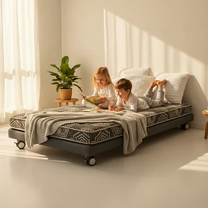 Cama 1 Plaza Box 8 cm + Colchon Modelo Ideal - Ruedas A Eleccion (Gris)