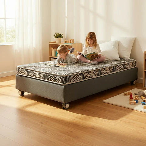 Cama 1 Plaza Box 30 cm + Colchon Modelo Ideal - Ruedas A Eleccion (Gris)