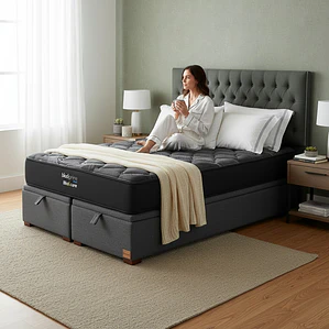 Cama Baul 2 Plazas / Colchon black prime + Respaldo CAPITONNE TACHAS