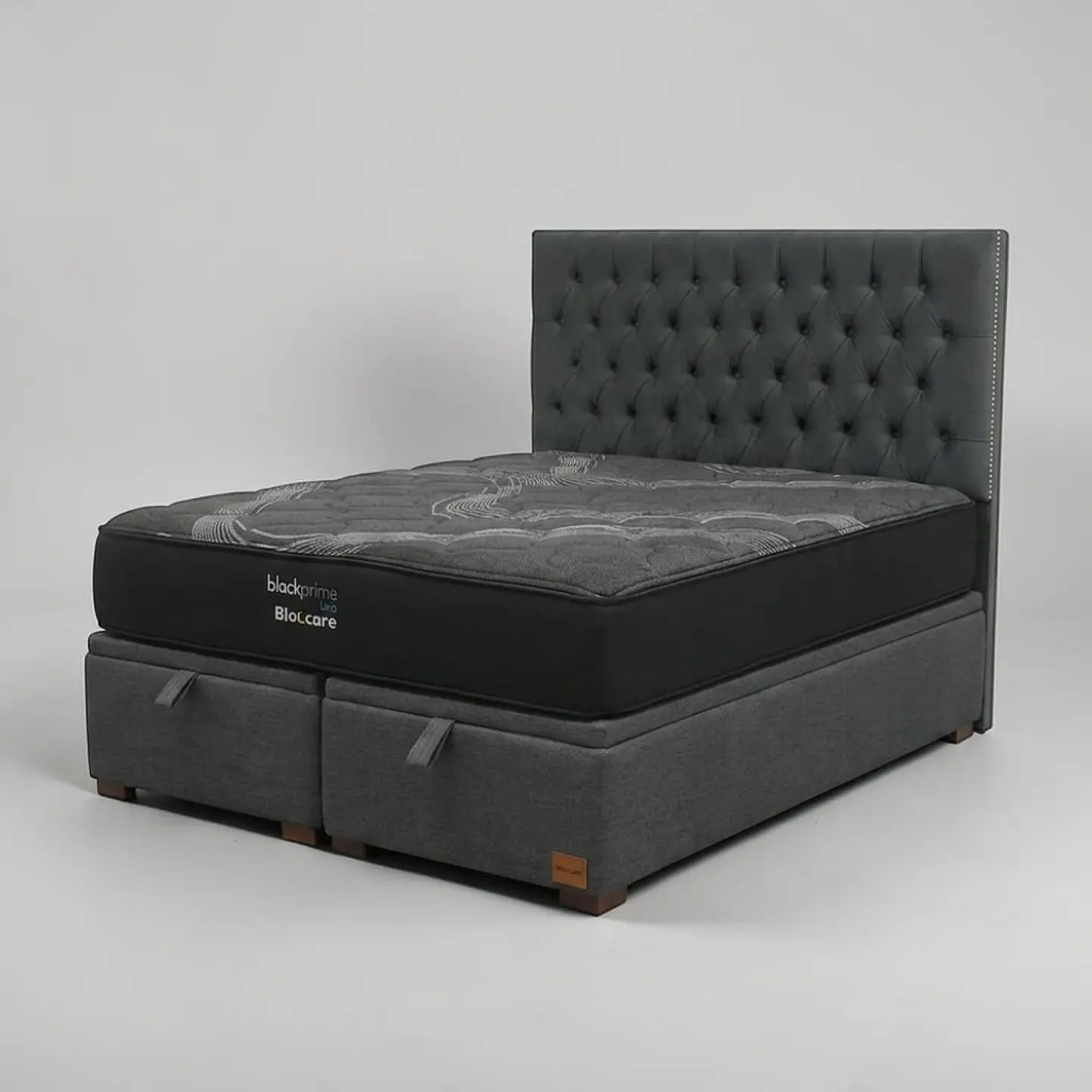 Cama Baul 2 Plazas / Colchon black prime + Respaldo CAPITONNE TACHAS 2