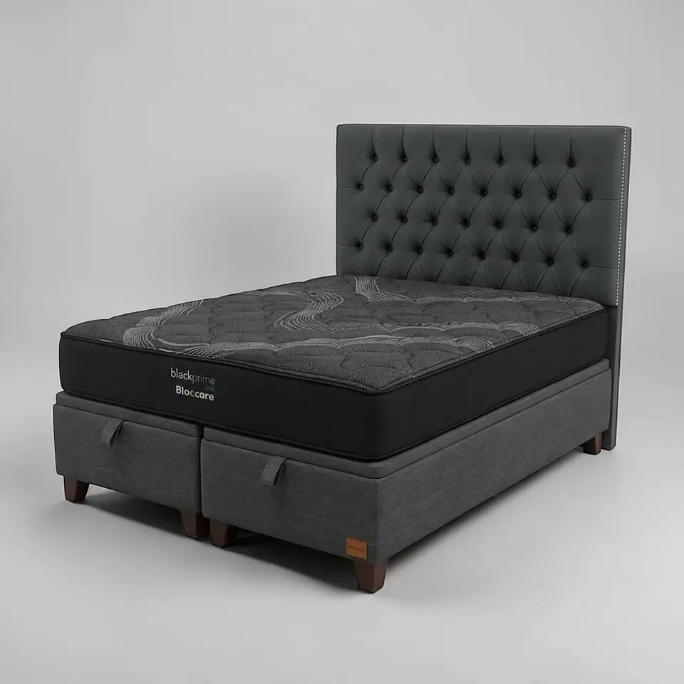 Cama Baul 2 Plazas / Colchon black prime + Respaldo CAPITONNE TACHAS 5