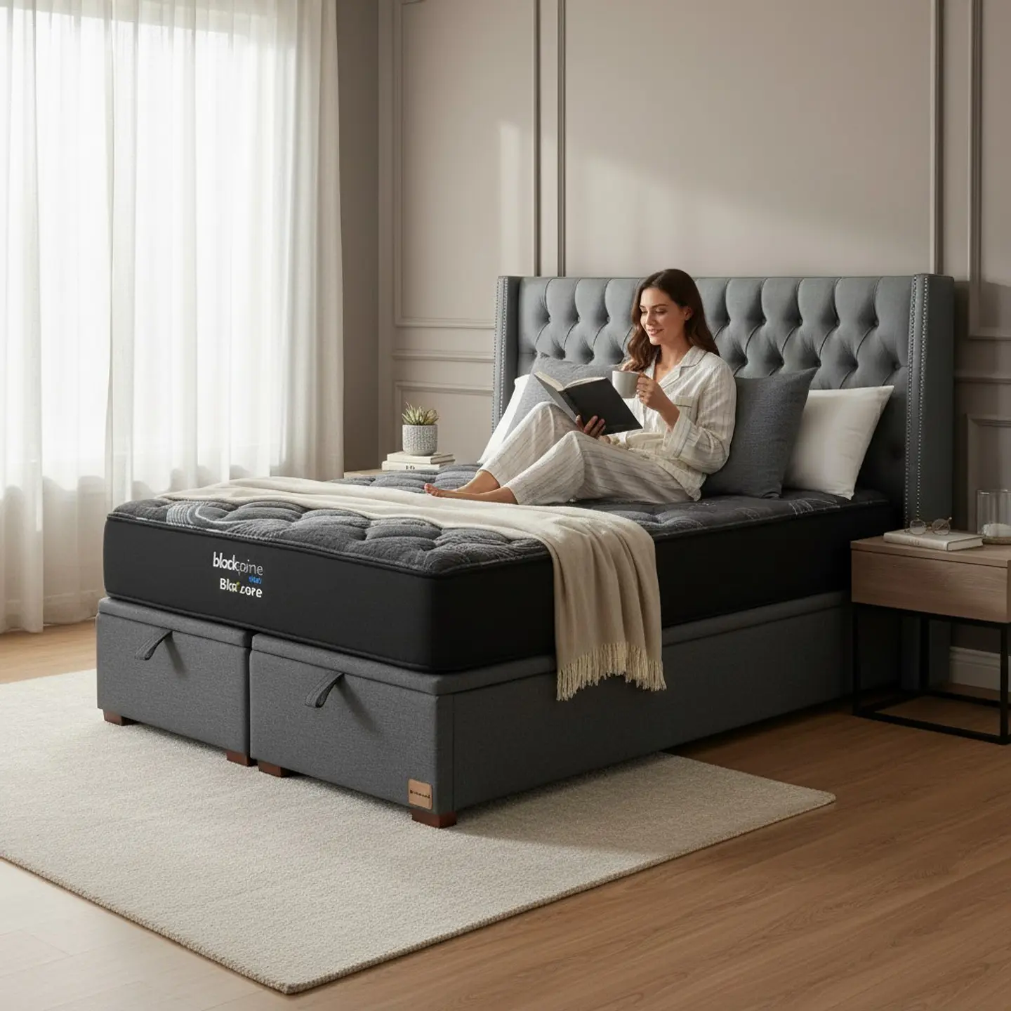 Cama Baul 2 Plazas / Colchon black prime + Respaldo CAPITONNE TACHAS 6