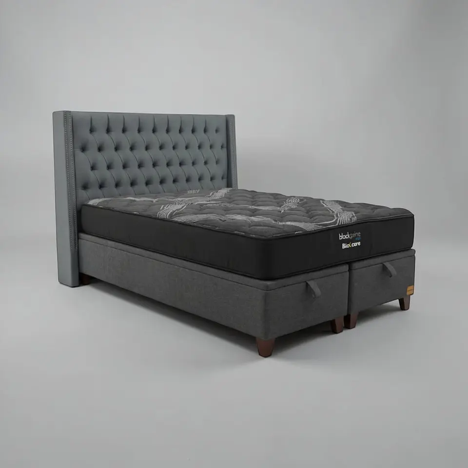 Cama Baul 2 Plazas / Colchon black prime + Respaldo CAPITONNE TACHAS 9