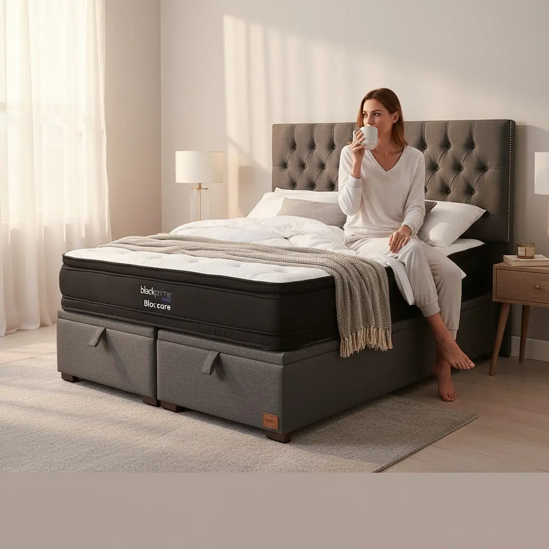 Cama Baul 2 Plazas / Colchon black prime + Respaldo CAPITONNE TACHAS 11