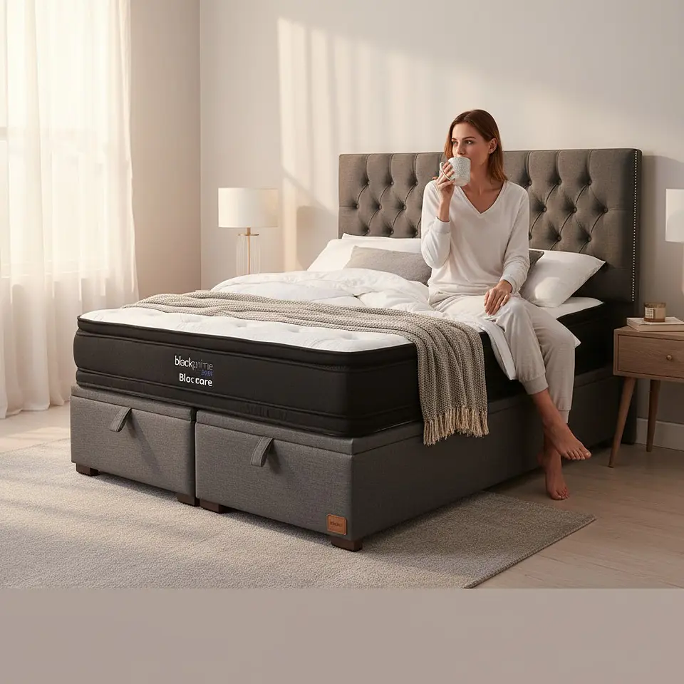 Cama Baul 2 Plazas / Colchon black prime + Respaldo CAPITONNE TACHAS 11