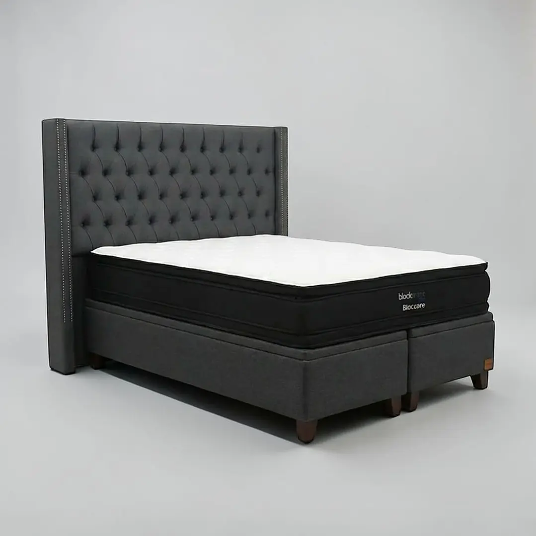 Cama Baul 2 Plazas / Colchon black prime + Respaldo CAPITONNE TACHAS 19