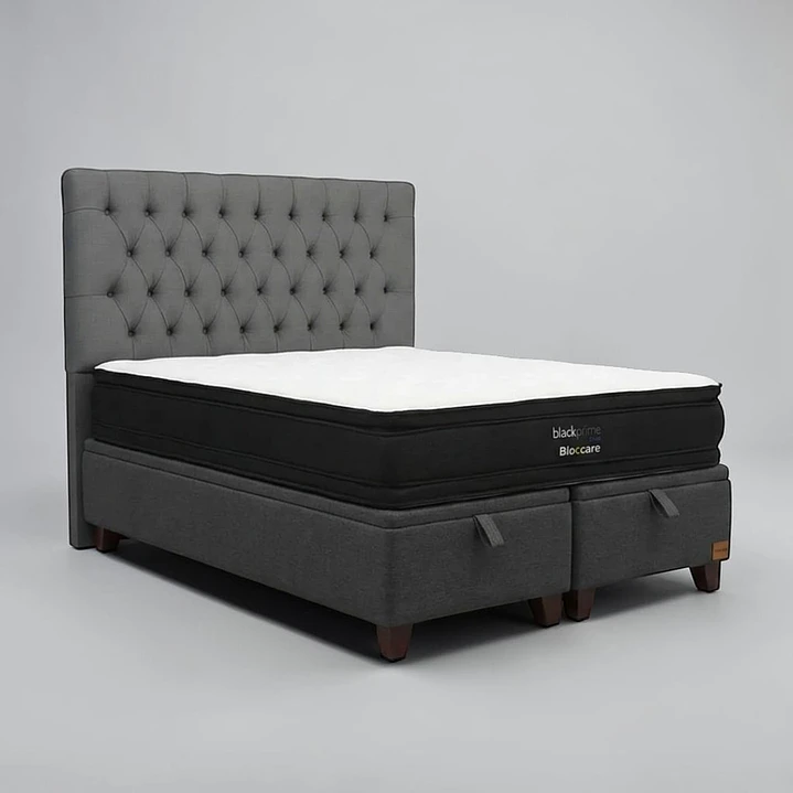 Cama Baul King / Colchon black prime + Respaldo CAPITONNE PREMIUM 14