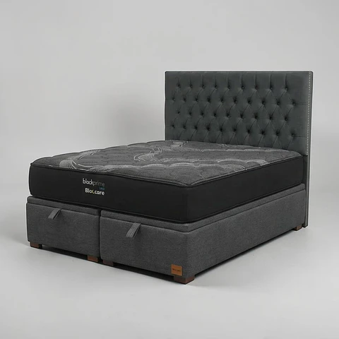 Cama Baul King / Colchon black prime + Respaldo CAPITONNE TACHAS