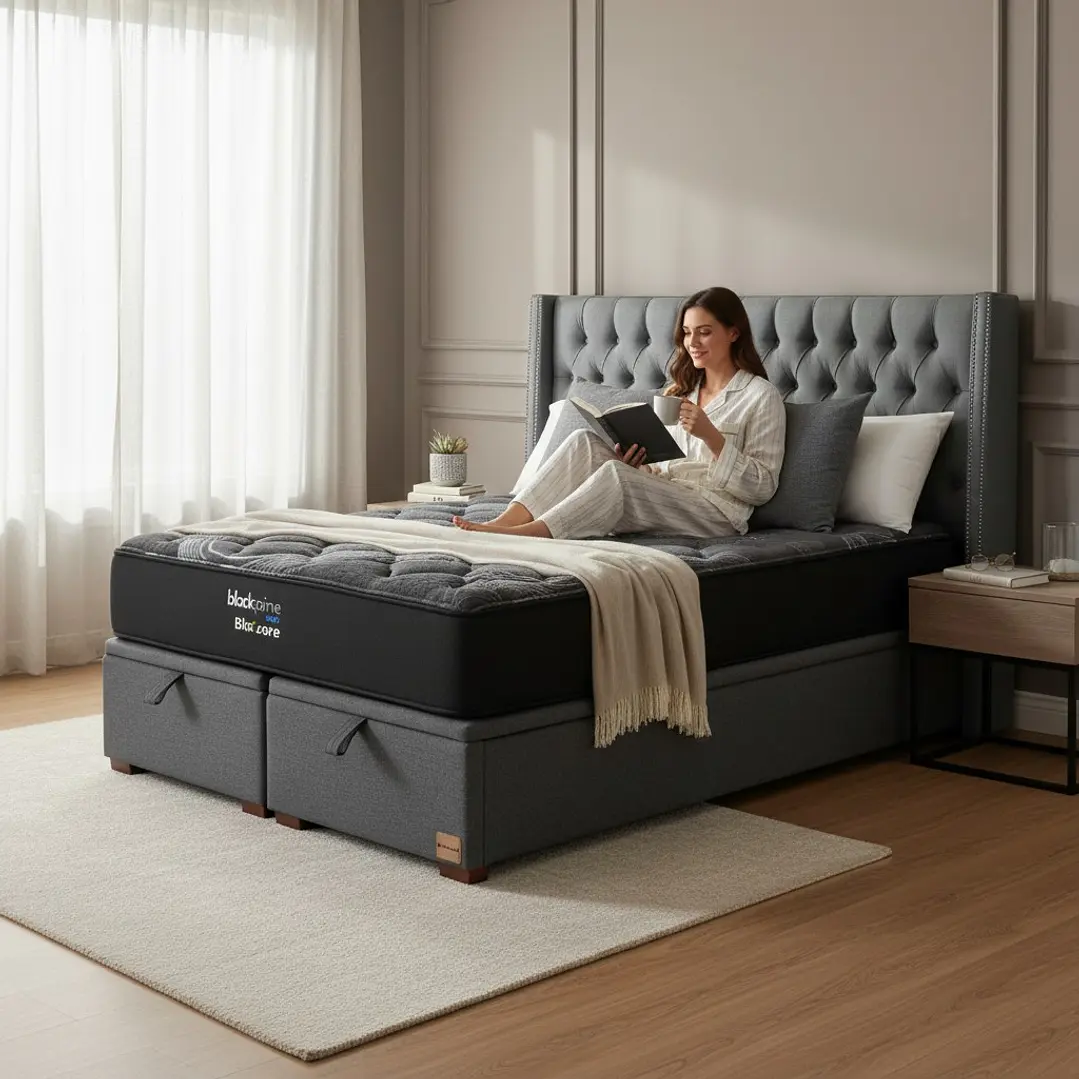 Cama Baul King / Colchon black prime + Respaldo CAPITONNE TACHAS 6