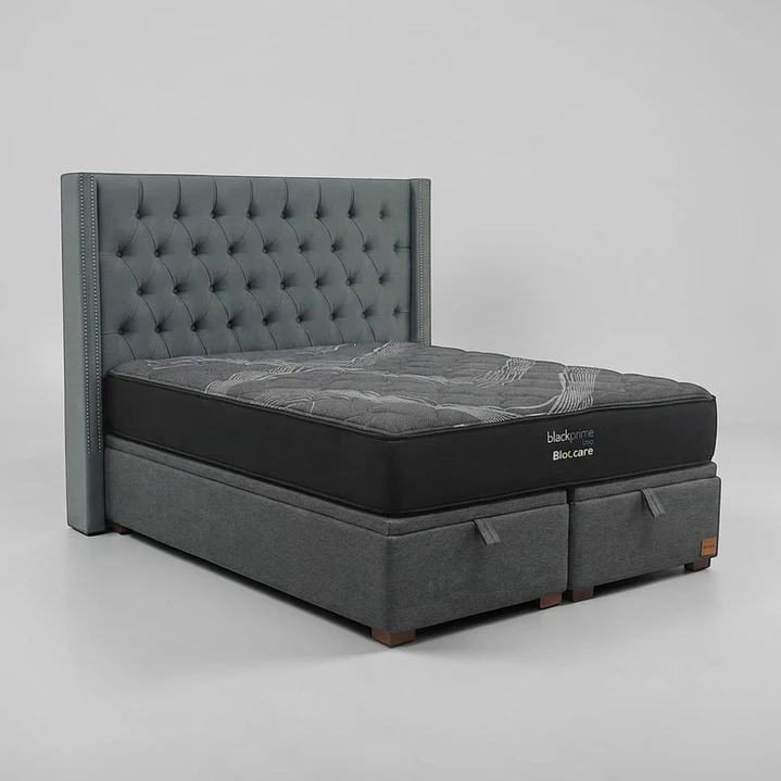 Cama Baul King / Colchon black prime + Respaldo CAPITONNE TACHAS 7
