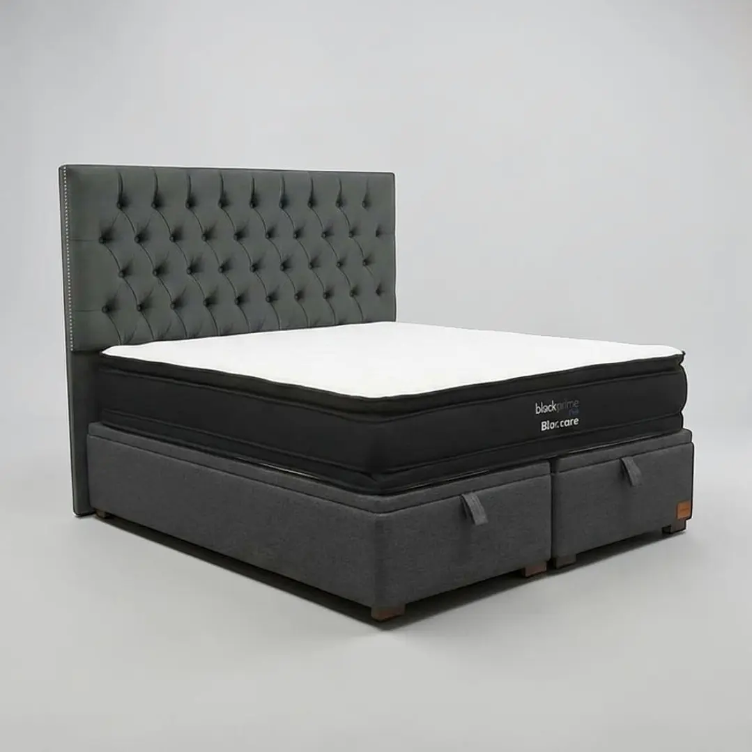 Cama Baul King / Colchon black prime + Respaldo CAPITONNE TACHAS 12