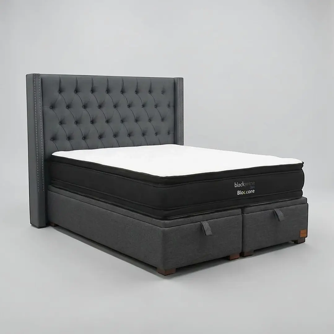 Cama Baul King / Colchon black prime + Respaldo CAPITONNE TACHAS 17