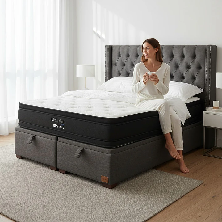 Cama Baul King / Colchon black prime + Respaldo CAPITONNE TACHAS 16
